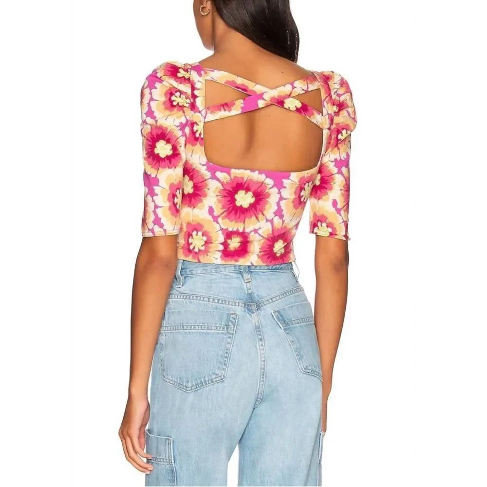 Free People Give Me More Macro Flower Top pink combo cut out design NWT MSRP $98